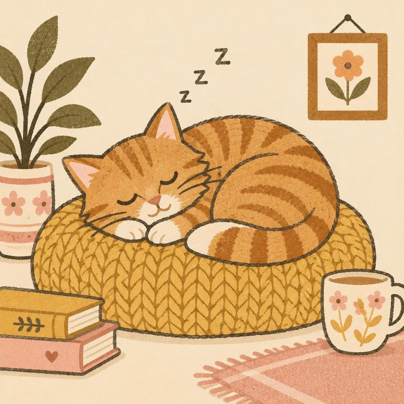 Simba the ginger cat, fast asleep on a knitted cushion